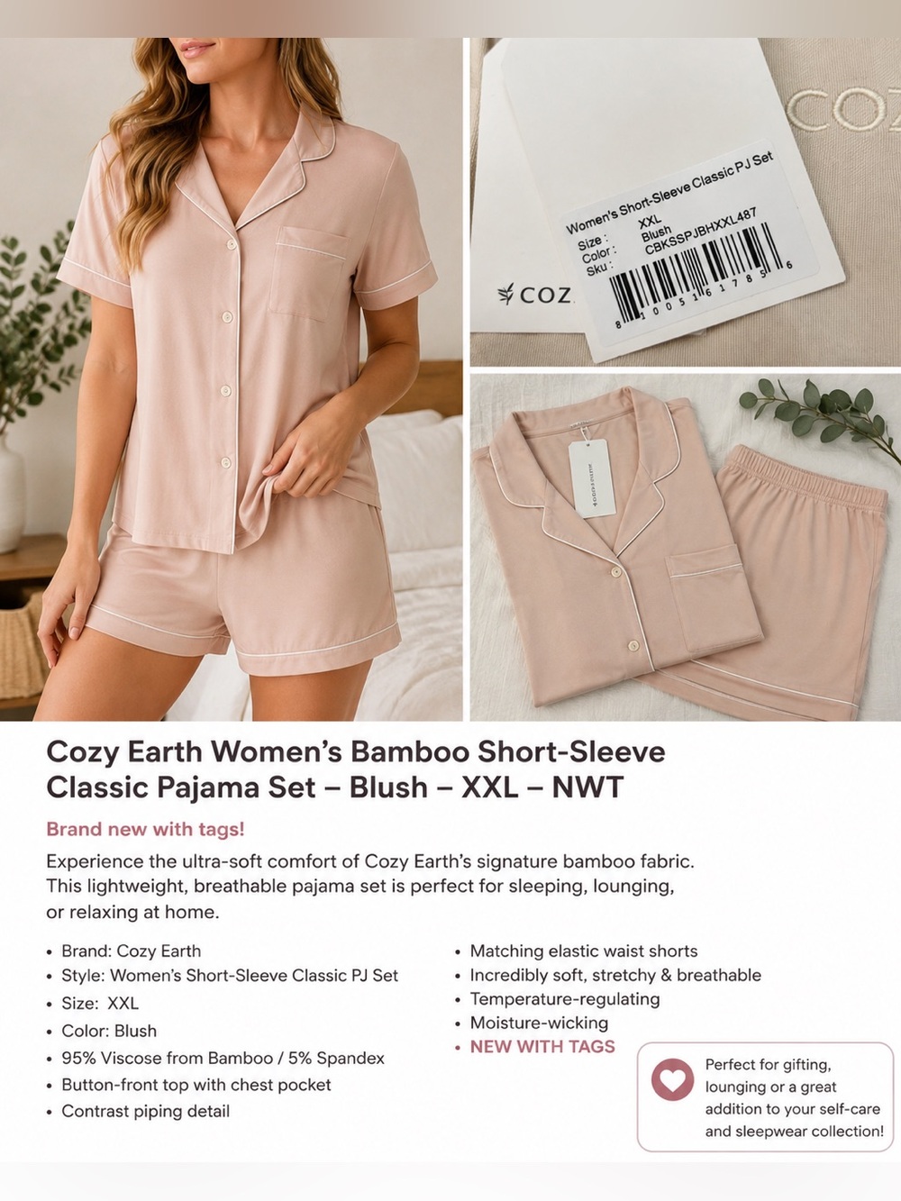 NEW Cozy Earth Bamboo Stretch-Knit Short Sleeve PJ Set – Blush – XXL – NWT ✨